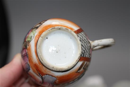 Four 18th century Chinese famille rose polychrome coffee cups, Qianlong period, and a blue and white saucer dish, 11.5cm